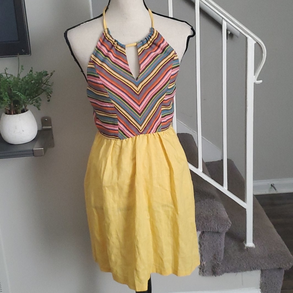 West 36th Keyhole Aztec Stripe Linen Halter Dress